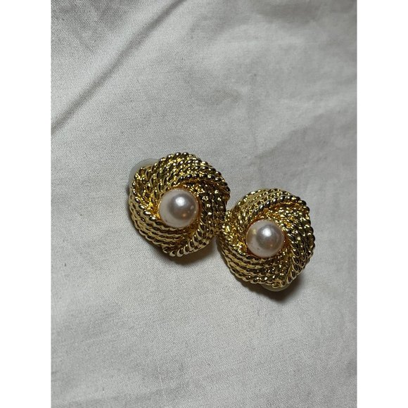 Gold Tone Knot Rope Faux Pearl Clip-On Earrings - Picture 2 of 13